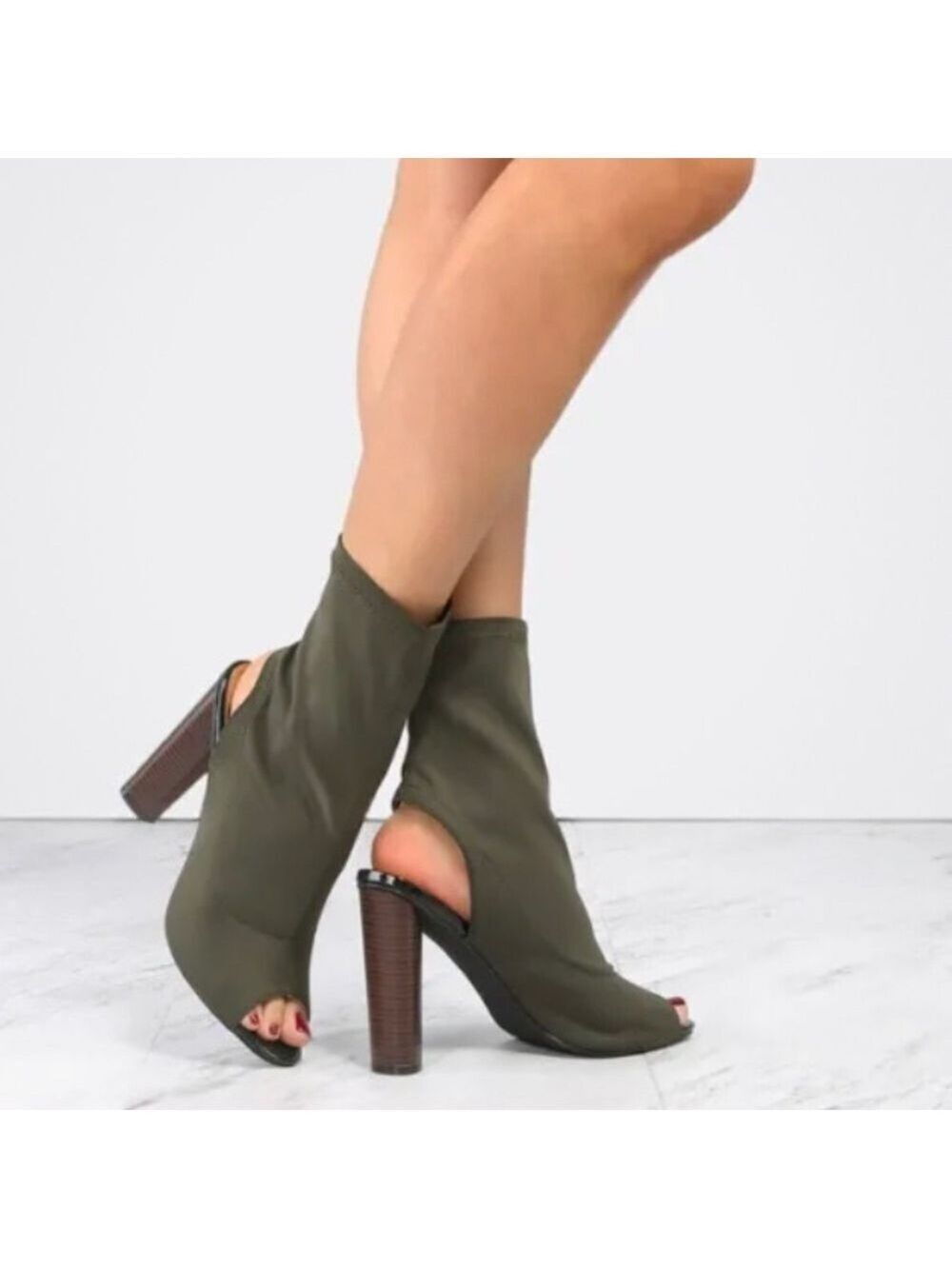 Cape Robbin Olive Connie-3 Peep Toe & Heel Lycra Elastic Bootie-SZ 6.5